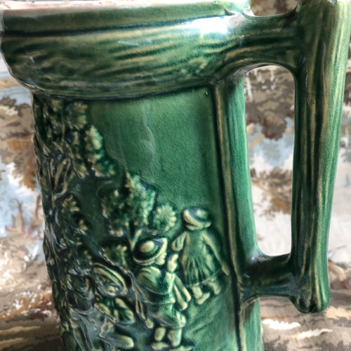 Vintage Faux Bois Pitcher with Village Scene, Branch Handle, Antique Majolica, Victorian Majolica, Pitcher, Vase, Vintage Green shops