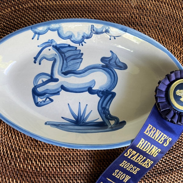 Vintage M A Hadley Blue Horse Oval Platter, Shallow Bowl Signed Mary Ann Hadley, Folk Art, Pottery, Horse Platter, Derby Decor, Serving Dish