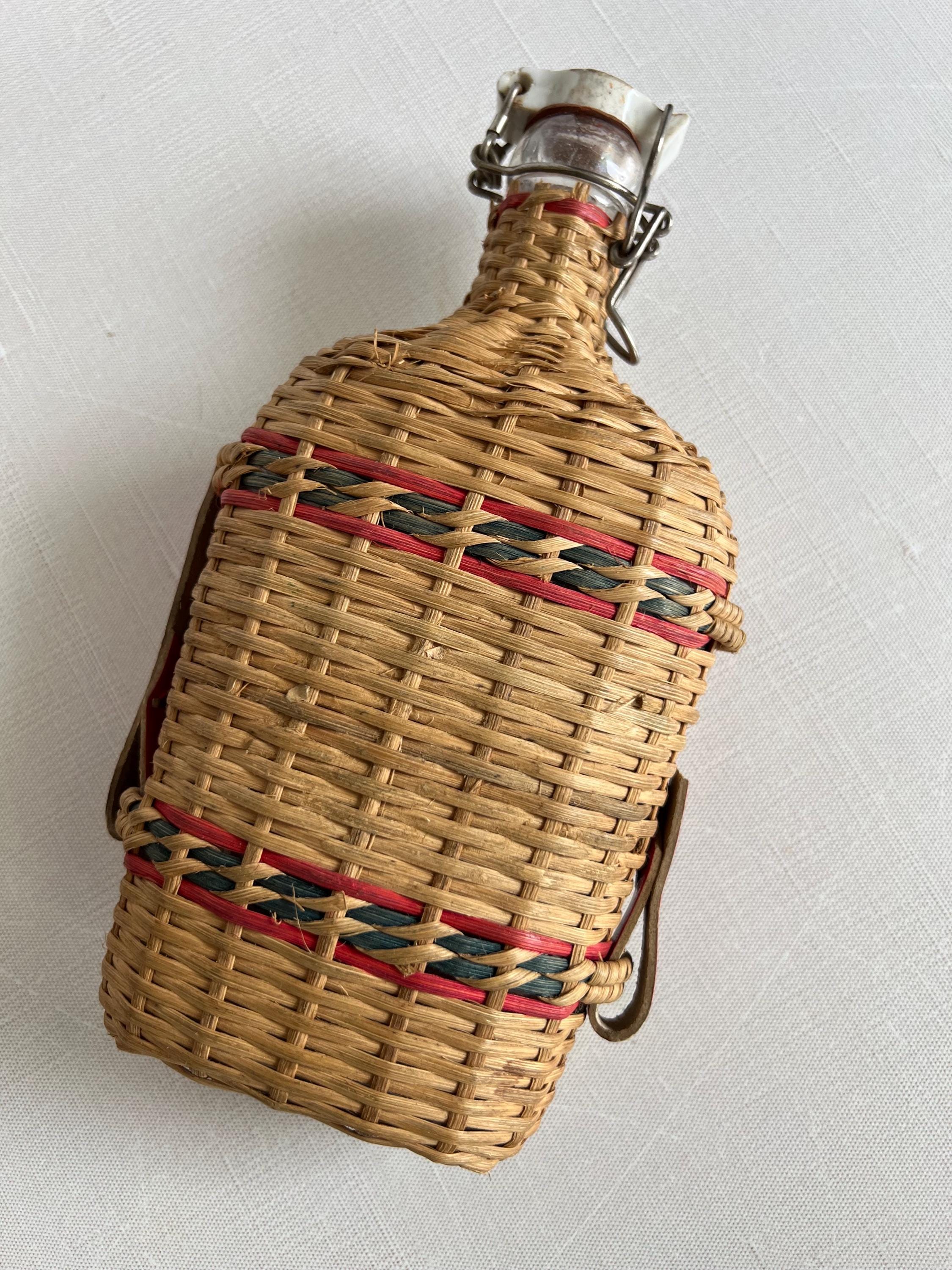 Antique French Wicker Woven Glass Flask with Decorative Cap, Liquor, Cheers, Collectible, Antique Wicker, Hand Woven, French Farmhouse