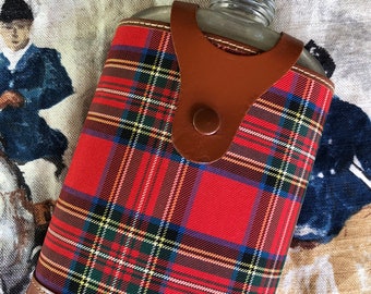 Vintage Plaid Flask with Real Hide Leather Trim, Made in England, Bar to-go, Whiskey, Bourbon, Gin, Vodka, English, Tartan