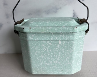 Vintage French Enamel Lunch Pail, Lunch Box, French Decor, French Kitchen, Green and White, Antique Kitchen, Vintage Kitchen Decor, Enamel