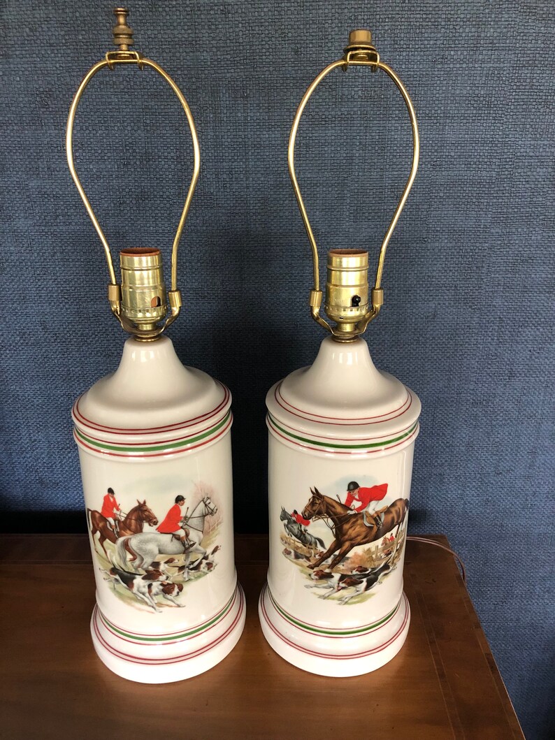 English Fox Hunt Scene Riders Horse Dogs Working Lamp Beleuchtung