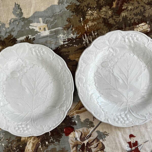 Vintage English Dessert/Salad Plates, Set of 2, White, Leaf Plates, Staffordshire, Made in England, Strawberry, Grape Leaf