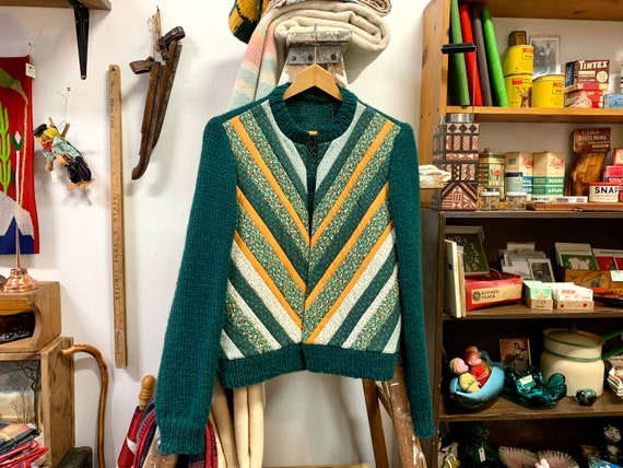 Vintage Quilted Sweater, Dark Green Knit, Quilt St