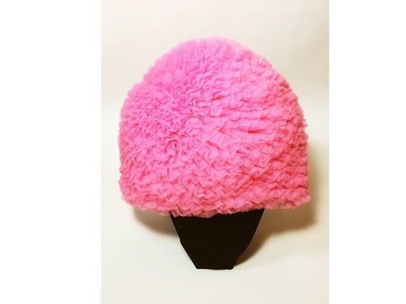 Vintage Pink Swim Cap, Ruffled Frilly Chiffon. 50s
