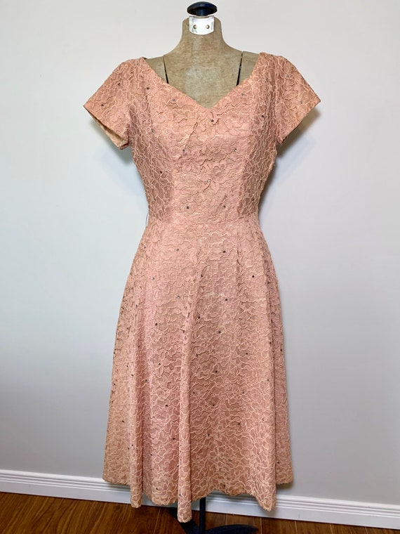 Vintage 50s Pink Nude Lace Dress, w/ Rhinestones.