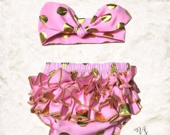 Baby Girl Outfit, ruffle diaper cover bloomer bottom, valentines day, New Baby Gift, pink and gold , Unicorn birthday outfit, cake smash