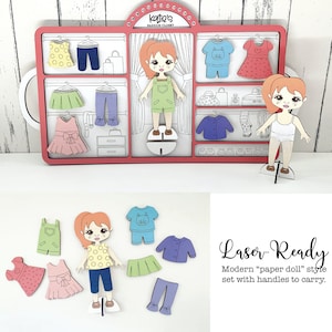 Laser wooden "paper" doll style set, Laser dressup svg file, Laser busy lapboard with interchangeable outfits, Laser file for girl