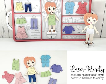 Laser wooden "paper" doll style set, Laser dressup svg file, Laser busy lapboard with interchangeable outfits, Laser file for girl