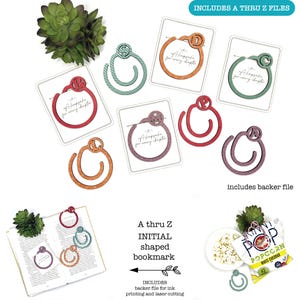 May include: Digital file of initial-shaped bookmarks in various colors, with the text "A keepsake for every chapter." The image includes SVG, PDF, EPS, and DXF files. The bookmarks are displayed with a book and popcorn.