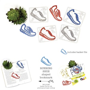 May include: Digital file with running shoe-shaped bookmarks and SVG, PDF, EPS, and DXF files. The image shows various coloured shoe designs, a bookmark in a book, and a popcorn bag. The text "DIGITAL FILE only" is visible.