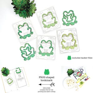 May include: Green frog-shaped bookmarks with the text "Hop to a good book" and "Read to read to read". The image also shows a digital file with SVG, PDF, EPS, and DXF formats. Includes backer files.