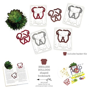 Puede incluir: Archivo digital con marcapáginas con forma de bulldog inglés. Incluye formatos de archivo SVG, PDF, EPS y DXF. La imagen muestra marcapáginas, una suculenta y una bolsa de palomitas de maíz.
