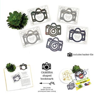 May include: Digital file with camera-shaped designs, including SVG, PDF, EPS, and DXF formats. The image features several camera cutouts, a bookmark, and the text "Caught between a photo shoot and a nap."