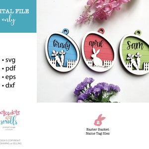 Arquivos SVG de etiquetas de cesta de Páscoa, etiquetas de nome de crianças a laser, Páscoa SVG a laser, arquivos de Páscoa Glowforge, arquivos digitais para Páscoa, etiquetas de Páscoa personalizadas SVG