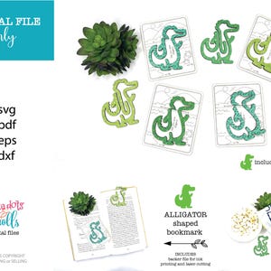 Marcapáginas láser de cocodrilo SVG, Archivos láser de cocodrilo SVG, Eliminadores de recortes láser, Marcapáginas láser estilo clip, Archivos láser fáciles, Archivos láser para amantes de los libros