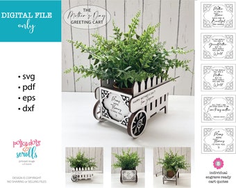 May include: A digital file download for a Mother's Day greeting cart. The cart is white with a brown wooden base and wheels. The cart is decorated with a white picket fence and a potted plant. The file includes five individual engrave-ready cart quotes.