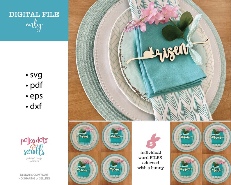 May include: Five wooden Easter place card holders with a bunny silhouette and the words "risen", "christ", "king", "lamb", and "glory" in a light wood color. The place cards are on a blue and white patterned napkin and a white plate with a blue and white patterned rim. The place cards are surrounded by pink flowers.