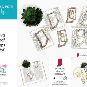 May include: Digital download of an Indiana shaped bookmark. The bookmark is outlined in black and filled with a red, orange, and yellow color gradient. The image shows the bookmark on a book, a table, and a bag of popcorn. The text "Indiana shaped bookmark" and "Includes backer files for ink printing and laser cutting" is included in the image.