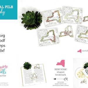May include: Digital download of a New York state shaped bookmark with a floral design. The design includes backer files for ink printing and laser cutting. The files are available in SVG, PDF, EPS, and DXF formats.