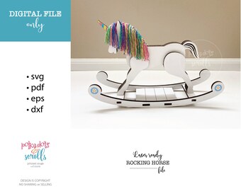 May include: White wooden rocking horse with a rainbow mane and tail. The horse is laser cut and ready to assemble. The design includes the text "Laser ready ROCKING HORSE file".