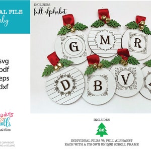 Christmas Initial Ornament laser files, Initial Christmas Ornament set, Last name ornament laser cut files, Whiteboard Christmas svg files