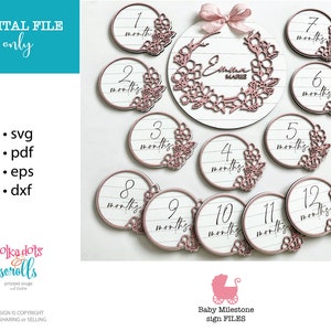 May include: A set of 12 pink and white baby milestone circles with floral designs and the text "months" on each circle. The circles are arranged in a circle around a larger circle with the text "Emma Blair" and a floral design.
