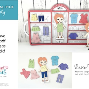 Conjunto de muñecas de madera "de papel" hechas con láser, archivo svg de disfraces hechos con láser, tablero de actividades para el regazo hecho con láser con atuendos intercambiables, archivo láser para niña