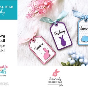 May include: Three laser-cut Easter tags with bunny silhouettes. The tags are pink, purple, and blue with white polka dots, lines, and zigzags. The tags are labeled "Sienna", "Sydney", and "Summer".