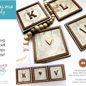 Carrelage vintage initial, lettres initiales SVG, fichiers svg cadre de défilement, fichier numérique décoratif alphabet, fichiers vintage laser Glowforge
