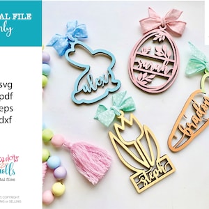Arquivos SVG de etiquetas de cesta de Páscoa, etiquetas de nome de crianças a laser, Páscoa SVG a laser, arquivos de Páscoa Glowforge, arquivos de corte para Páscoa, etiquetas de Páscoa personalizadas SVG