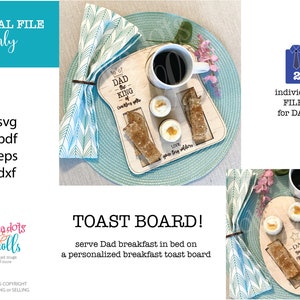 May include: A wooden breakfast board shaped like a slice of toast with a cutout for a mug, two eggs, and two pieces of toast. The board has the text "Dad the King of Cuddles with your two little helpers" engraved on it.