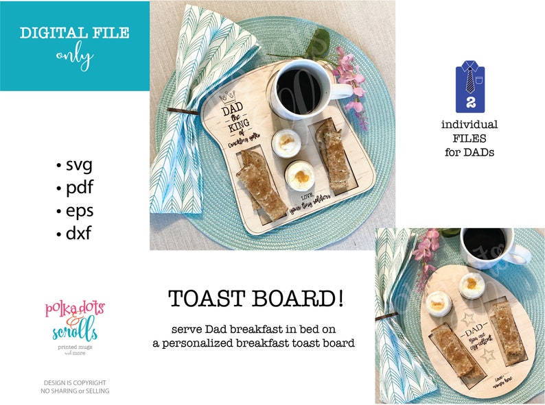 May include: A wooden breakfast board shaped like a slice of toast with a cutout for a mug, two eggs, and two pieces of toast. The board has the text "Dad the King of Cuddles with your two little helpers" engraved on it.