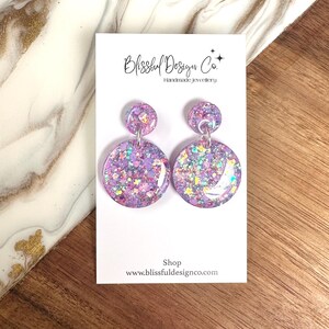 Purple Multicolour Holographic Drop Statement Round Dangle Earrings