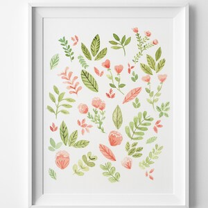Rubor Rosa Pared Arte Polvoriento Pastel Melocotón Rosa y verde niñas Guardería Decoración floral Acuarela Pintura rosa Póster flores arte estampado