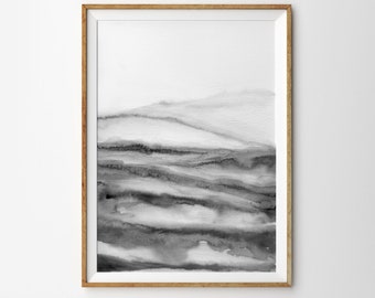 Paysage abstrait noir et blanc, impression d’aquarelle minimale Peinture abstraite Paysage Art Minimaliste Estampes Peinture en noir et blanc