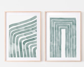 Abstract Watercolor Print Set, Light Green Wall Art