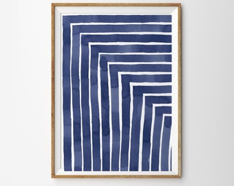 Navy Blue Abstract Line Art Print, Scandinavian Watercolor