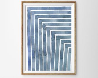 May include: Abstract watercolor painting with a geometric pattern of blue and white stripes. The stripes are arranged in a series of overlapping squares, creating a sense of depth and dimension.