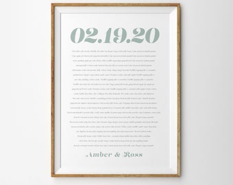 May include: A printable art print with a light brown frame and a white background. The print features a light blue date, "02.19.20", in a bold, rounded font. Below the date is a long list of food items in a smaller, light blue font. The text at the bottom of the print reads "Amber & Ross".