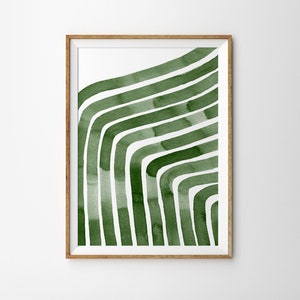Pôster de aquarela de arte linear verde, decoração contemporânea para casa, pôster de arte abstrata, pintura de impressão de arte em aquarela verde escuro