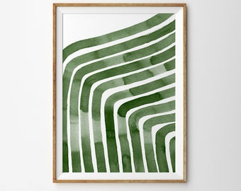 Green Linear Art Watercolour Poster Contemporary Home Decor Abstract Art Poster Dark Green Watercolor art print painting