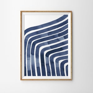 Navy Blue Scandinavian Mid Century Abstract Print Abstract Blue Line Abstract Watercolour Abstract Painting Scandinavian Watercolor print