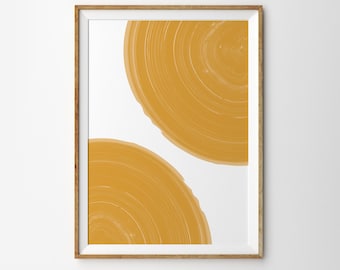 May include: Abstract art print with two large, overlapping circles in a mustard yellow color on a white background. The circles have a concentric ring pattern.