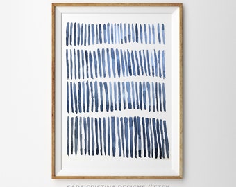 Navy Blue Watercolor Lines Art Print, Minimalist Home Decor