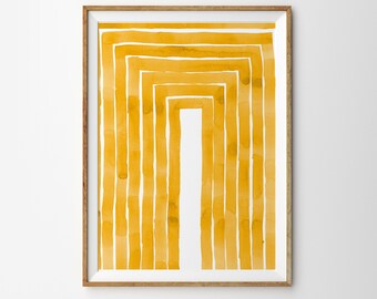 May include: Abstract art print featuring a series of vertical and horizontal yellow brushstrokes forming a rectangular pattern. The artwork is framed in a wooden frame and set against a white background. The design has a modern, minimalist aesthetic.