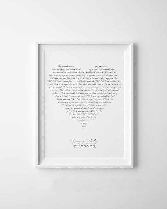 Wedding Song Lyrics Heart Poster Custom Made Song Lyric Print Personalized Poster Paper First Year Wedding Anniversary Gift