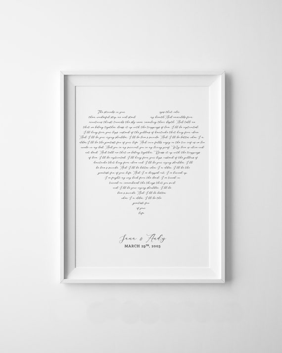 Wedding Song Lyrics Heart Poster Custom Made Song Lyric Print Personalized Poster Paper First Year Wedding Anniversary Gift