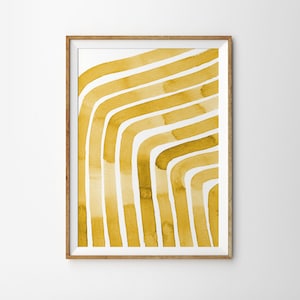 May include: A framed abstract print with a yellow watercolor design of curved lines. The lines are arranged in a pattern that resembles a rainbow.
