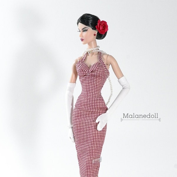 Red-beige gingham dress for 12" Fashion doll such as Fashion royalty, Poppy Parker, Silkstone Barbie, Integrity Toys dolls